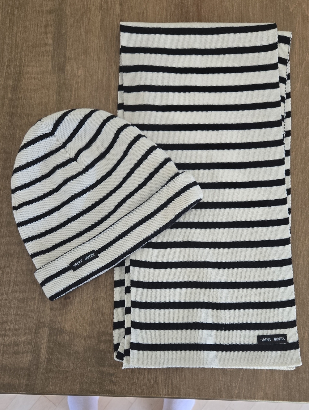 Saint James Wool Navy and White Striped Beanie & Scarf Set